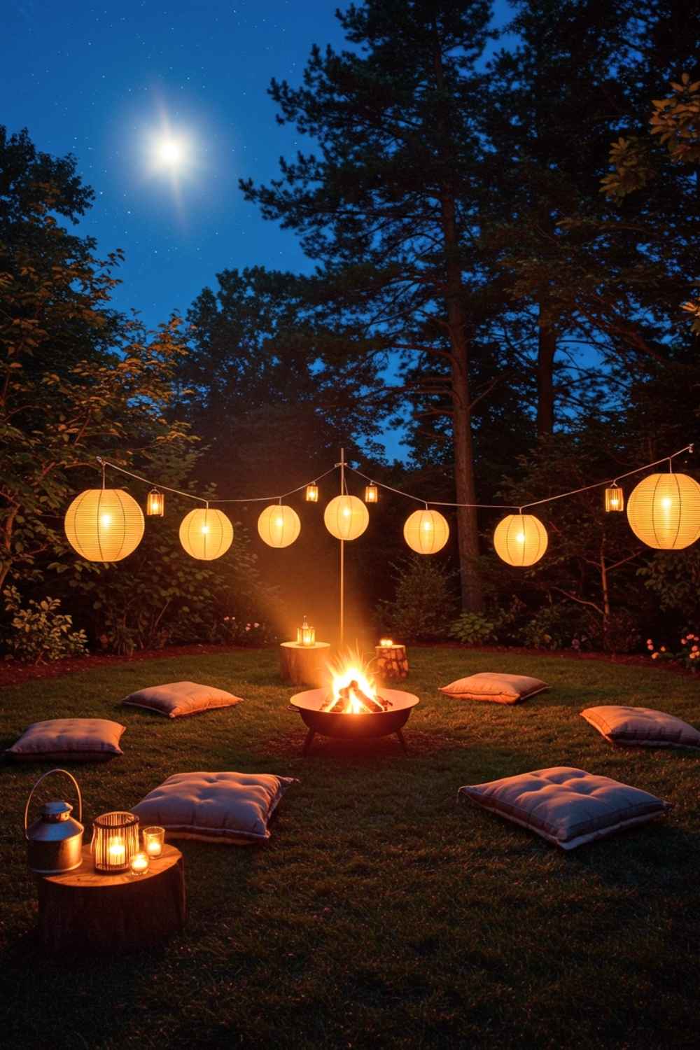 Fire Pit with Hanging Lantern Canopy